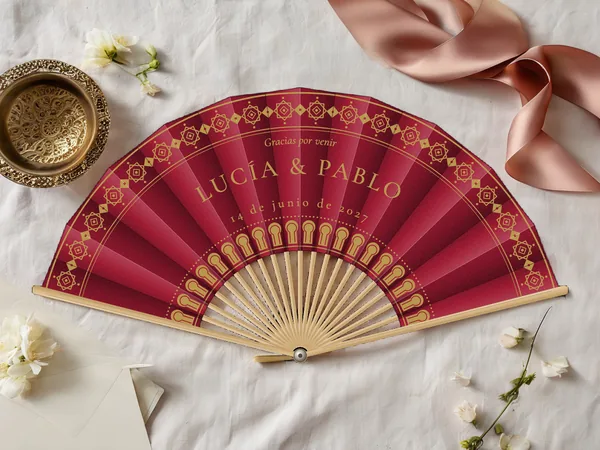 Abanico de boda personalizado “Medina” con los nombres Lucía & Pablo, friso de rosetones orientales en el borde y arcadas alrededor del centro, tela color vino e impresión en oro, sobre una mesa de boda