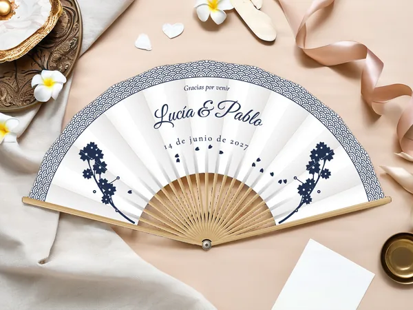 Abanico de boda personalizado “Sakura” con los nombres Lucía & Pablo, friso de olas en el borde y ramas de cerezo a los lados, tela color blanco e impresión en azul marino, sobre una mesa de boda